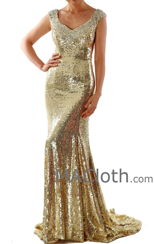 Mermaid Straps Sweetheart Long Sequin Gold Evening Prom Dress 160139