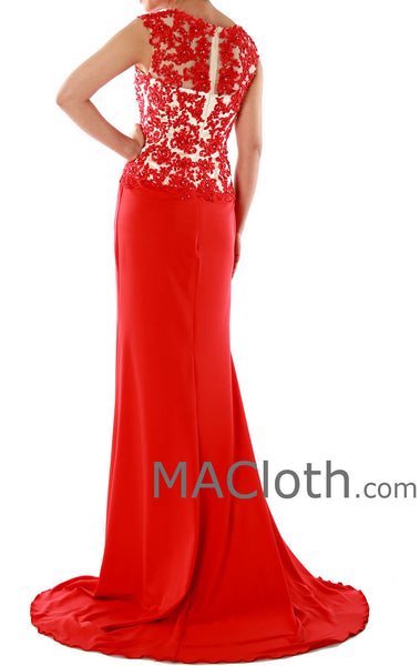 Mermaid Straps V Neck Lace Jersey Red Evening Gown 160134
