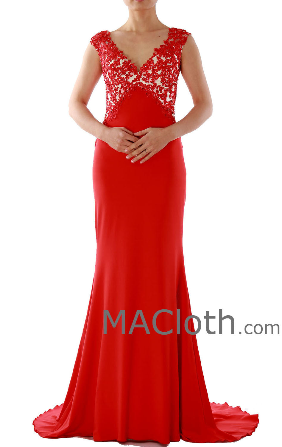 Meerjungfrau-Träger, V-Ausschnitt, Spitzenjersey, rotes Abendkleid 160134