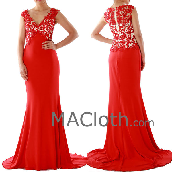 Mermaid Straps V Neck Lace Jersey Red Evening Gown 160134