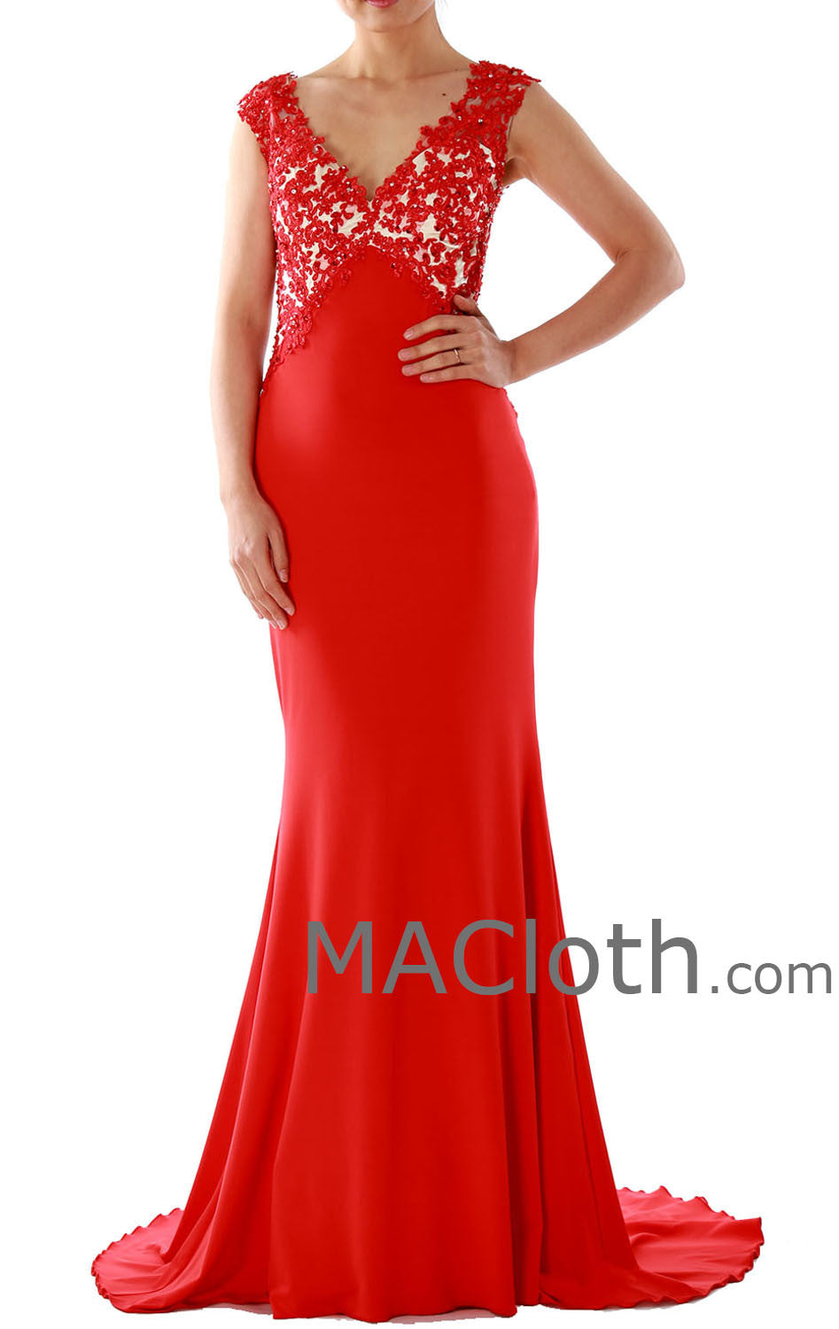 Meerjungfrau-Träger, V-Ausschnitt, Spitzenjersey, rotes Abendkleid 160134