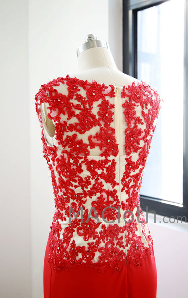 Mermaid Straps V Neck Lace Jersey Red Evening Gown 160134