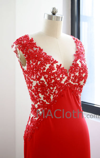 Mermaid Straps V Neck Lace Jersey Red Evening Gown 160134