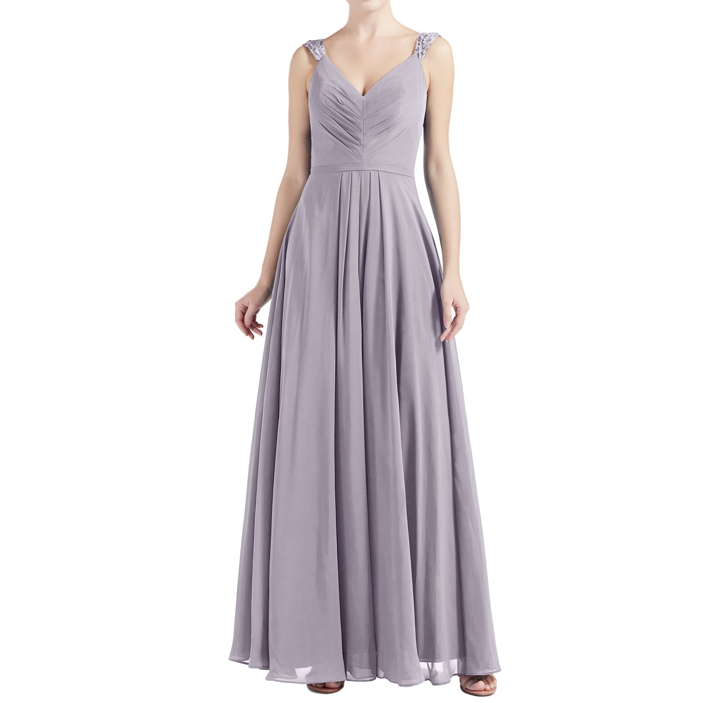 MACloth Women V Neck Lace Chiffon A Line Maxi Wedding Party Bridesmaid Dresses