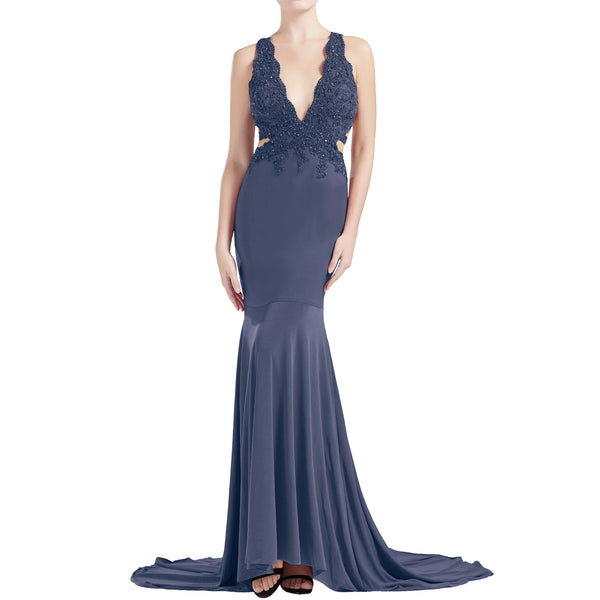 MACloth Women Mermaid V Plunging Neck Lace Long Prom Dresses Formal Evening Gown
