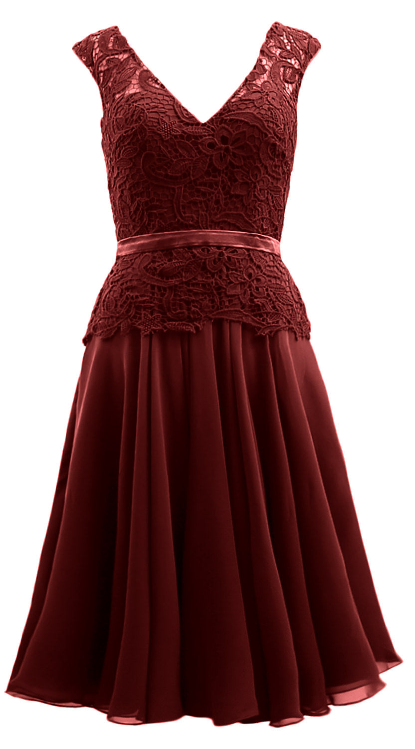 MACloth Women V Neck Lace Chiffon Party Formal Gown Midi Mother of Bride Dress