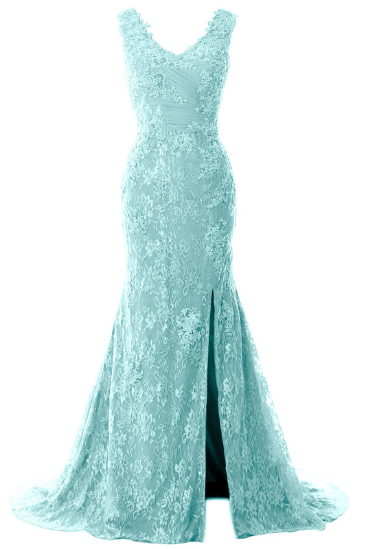 MACloth Damen Meerjungfrau Langes Brautkleid V-Ausschnitt Spitze Abendkleid Ballkleid