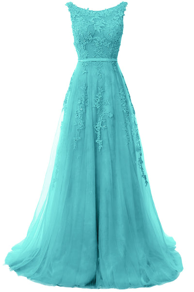 MACloth Lace Prom Dresses Boat Neck Sleeveless Lace Wedding Formal Evening Gown