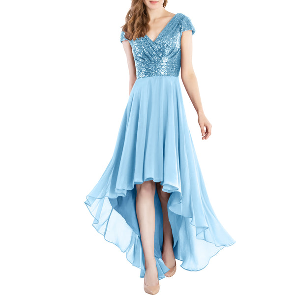 MACloth Mother of Bride Dresses Cap Sleeves High Low Sequin Wedding Formal Gown