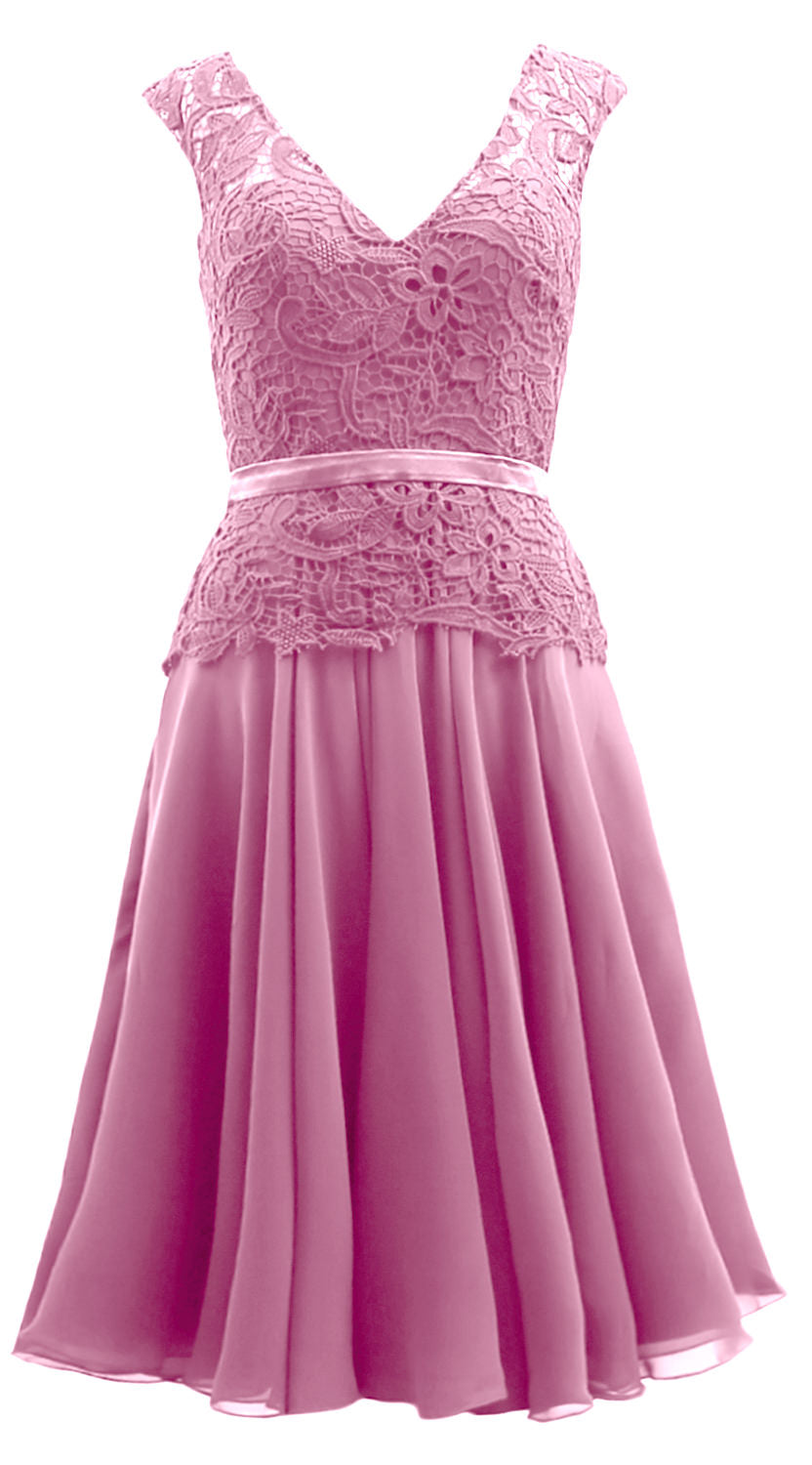 MACloth Women V Neck Lace Chiffon Party Formal Gown Midi Mother of Bride Dress