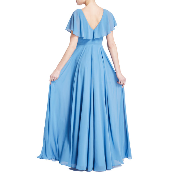 MACloth Women V Neck Ruffle BatWing Short Sleeve Maxi Wedding Bridesmaid Dresses