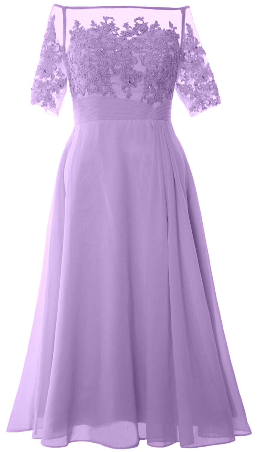 Vestidos de madre de la novia de MACloth, mangas cortas, midi, hombros descubiertos, semi formales