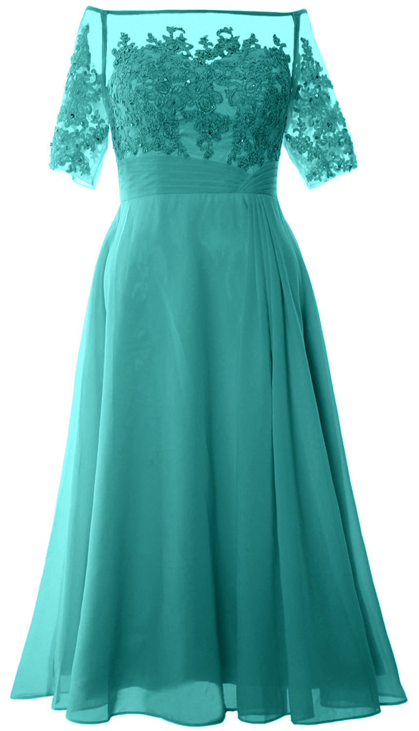 Vestidos de madre de la novia de MACloth, mangas cortas, midi, hombros descubiertos, semi formales