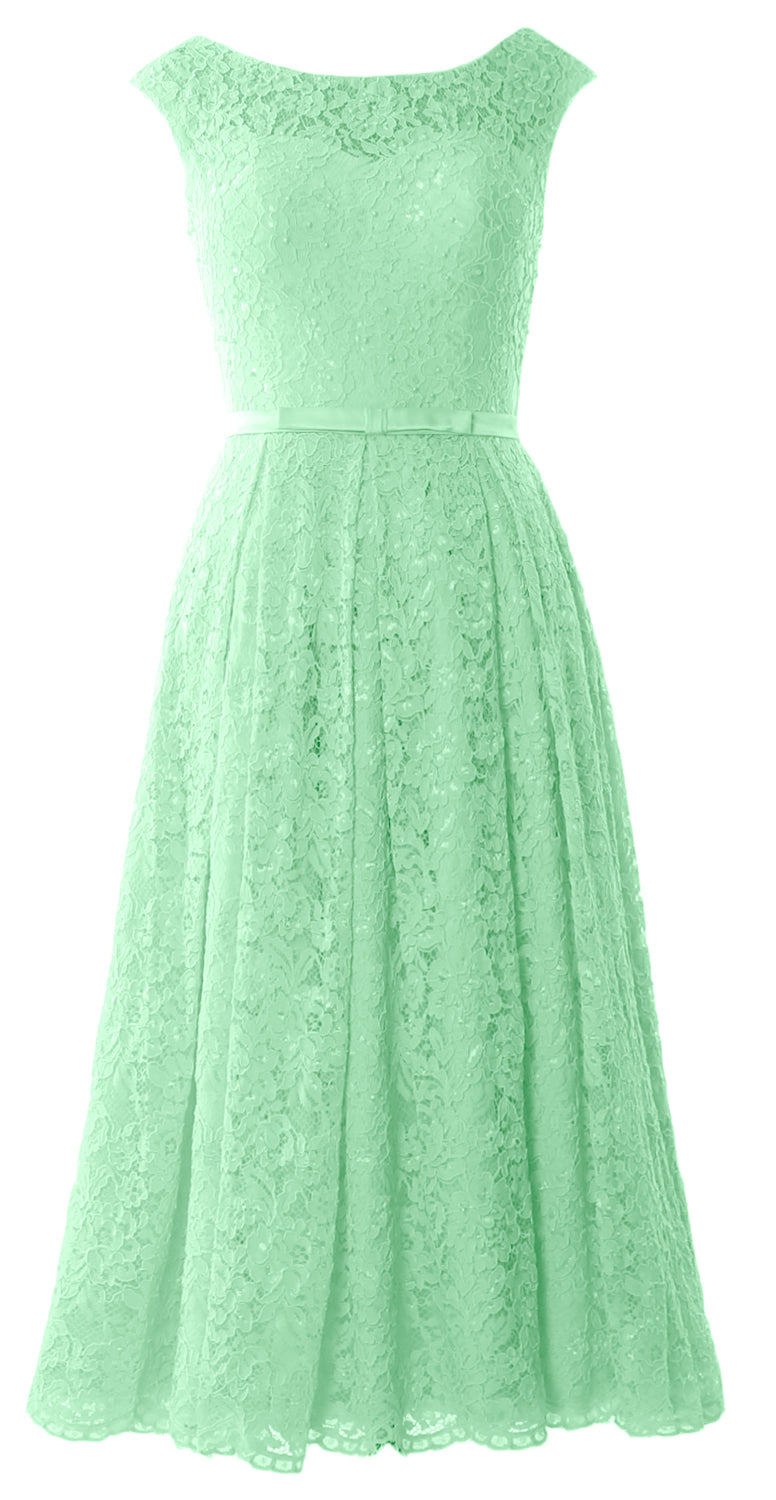 MACloth Women Tea Length Mother Bride Gown Dresses Cap Sleeve Lace Midi Corset