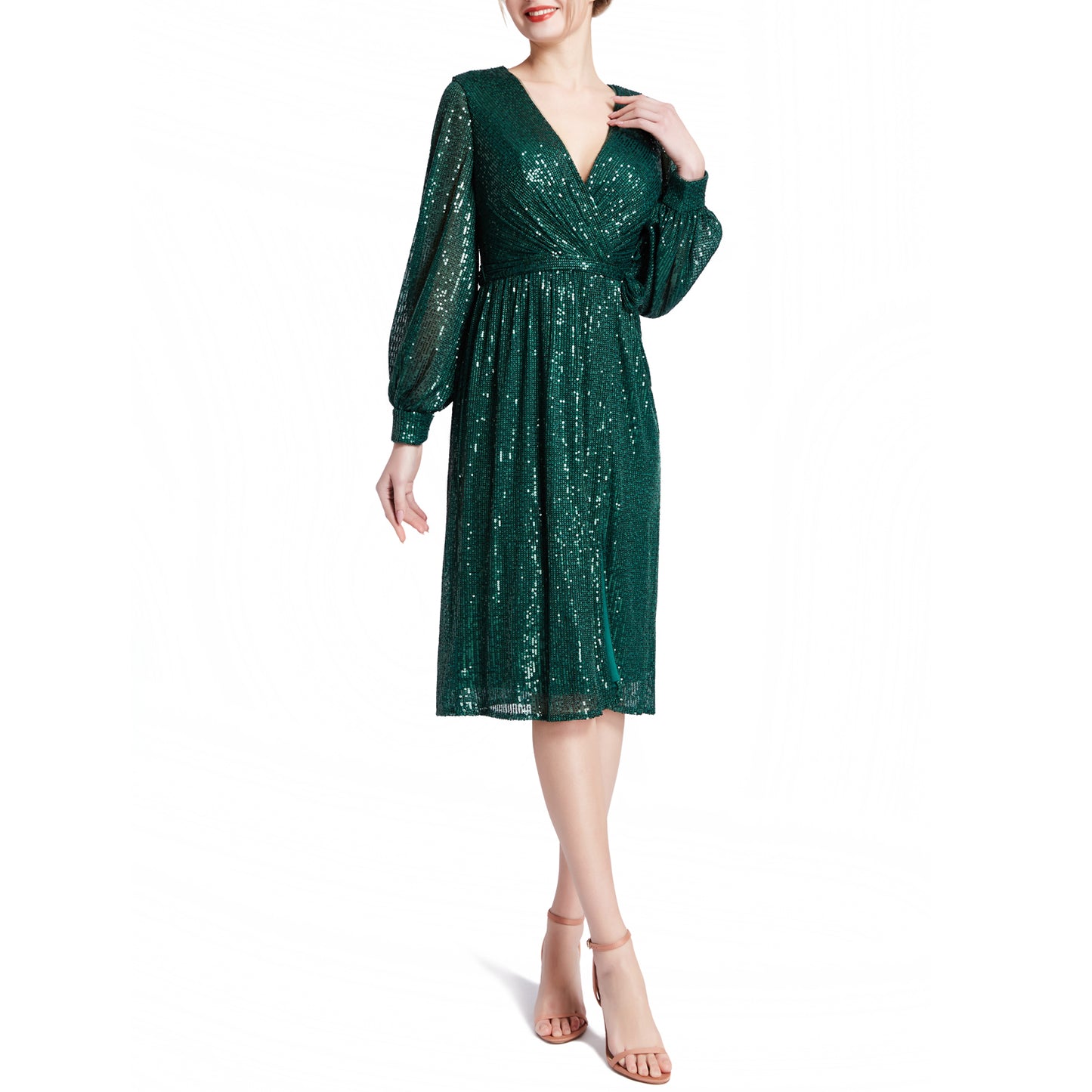 Vestido de cóctel para mujer con escote en V, manga larga, cruzado, corto y lentejuelas para invitadas a bodas de MACloth