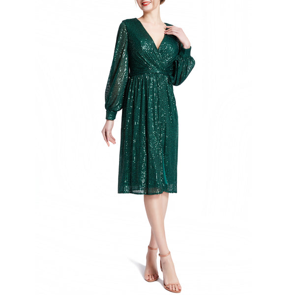 MACloth Women V Neck Long Sleeve Short Wrap Sequin Wedding Guest Cocktail Dress