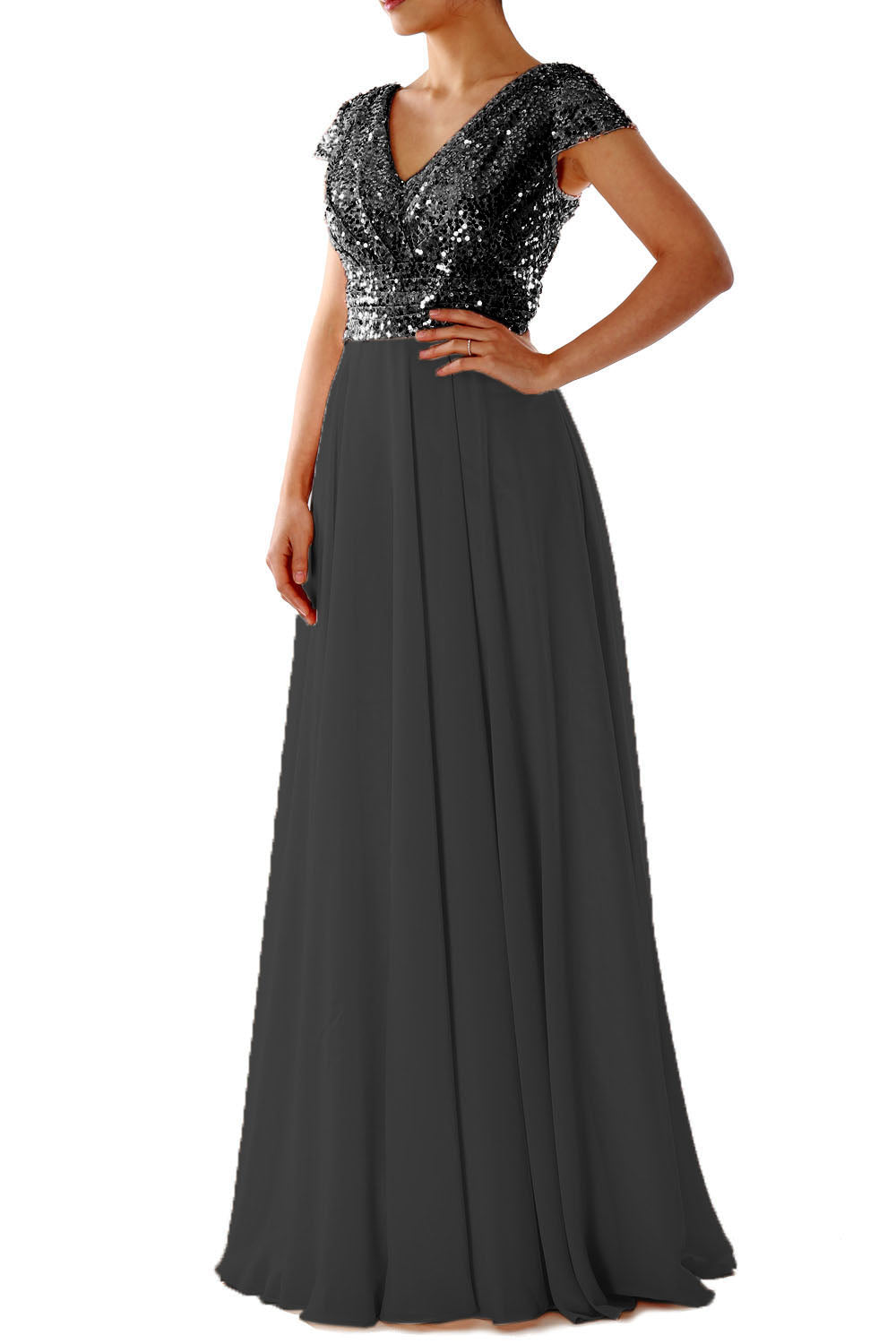 Cap Sleeves V Neck Sequin Chiffon Rose Gold Bridesmaid Dress Gray Black / Tea Length / US0
