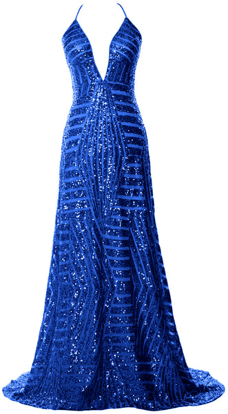 MACloth Women Deep V Neck Sequin Long Prom Dress Sexy Formal Party Evening Gown