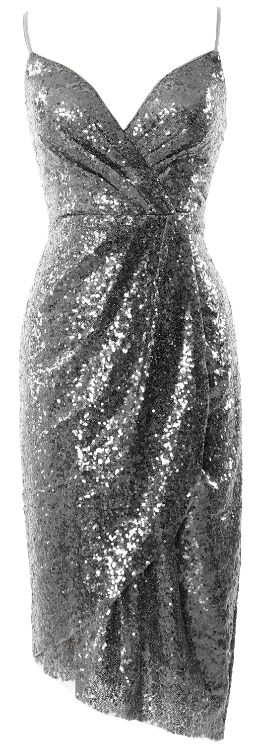 MACloth Vestidos de dama de honor midi para mujer, con lentejuelas y escote en V, vestido formal para fiesta de boda