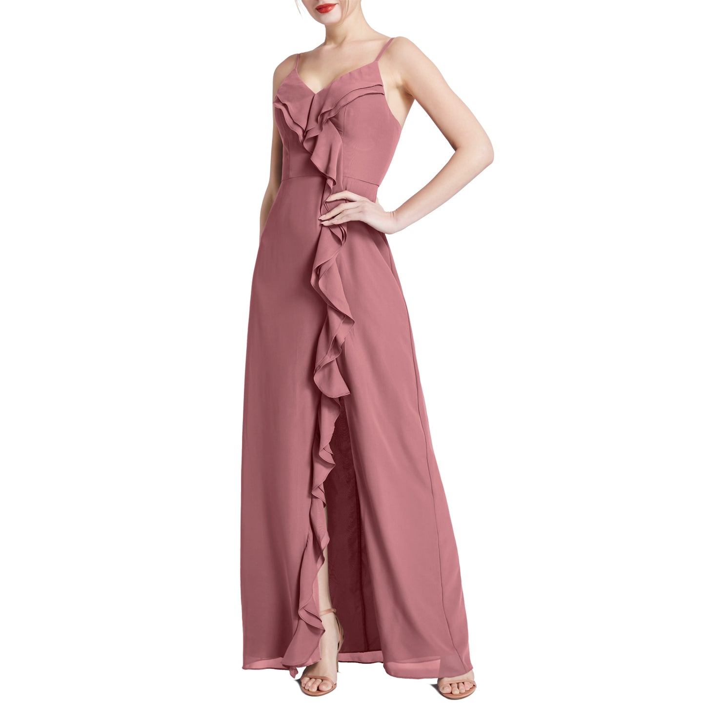 MACloth Women V Neck Ruffle Chiffon Long Wedding Party Bridesmaid Dresses Slit