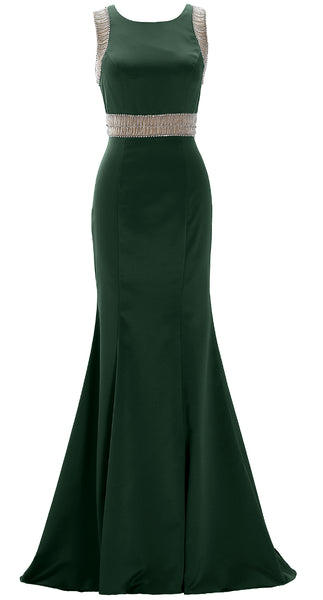 MACloth Women Boat Neck with Beaded Formal Evening Gown Sheath Satin Prom Dress