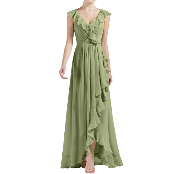 MACloth Women V Neck Ruffle Cap Sleeve Hi-Lo Long Wedding Bridesmaid Dresses