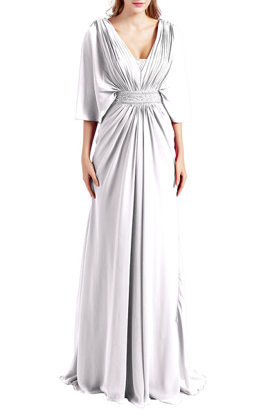 MACloth Women Elegant Long V Neck Mother of Bride Dresses Evening Gown Sleeves