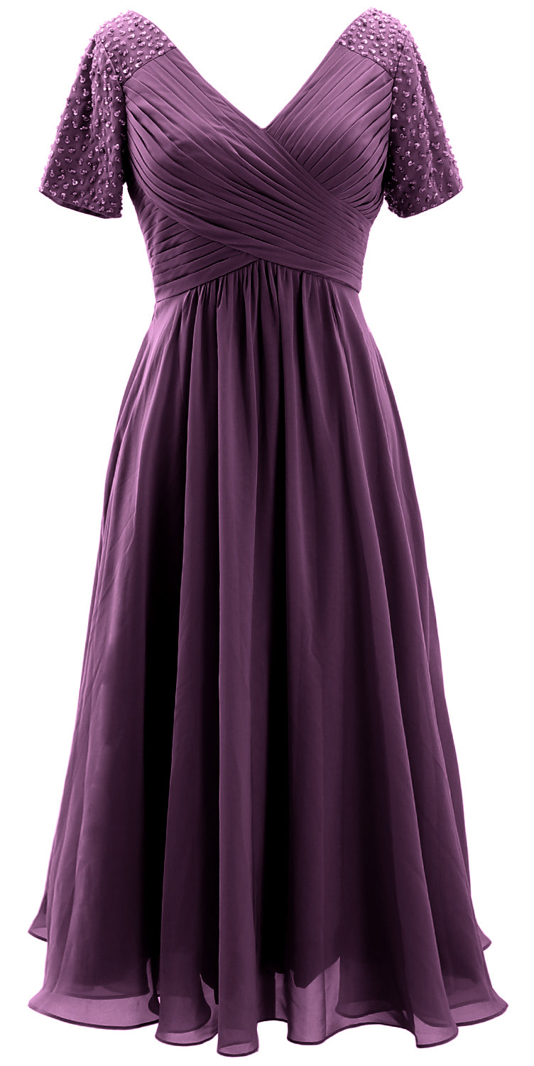 MACloth Women Midi Mother Bride Dresses Short Sleeves Wedding Guest Tea Length Eggplant / Above Knee / Custom Size
