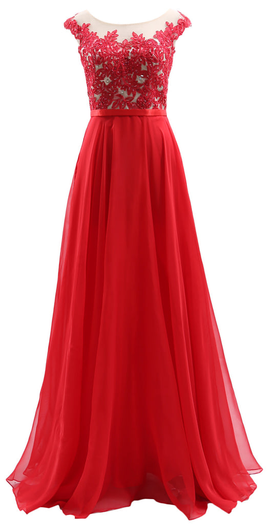 MACloth Cap Sleeves Illusion Long Prom Dress Lace Chiffon Wedding Party Dress