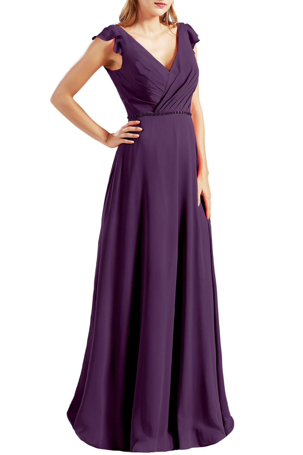 MACloth Women Cap Sleeves V Neck Chiffon Long Bridesmaid Dresses Evening Gown