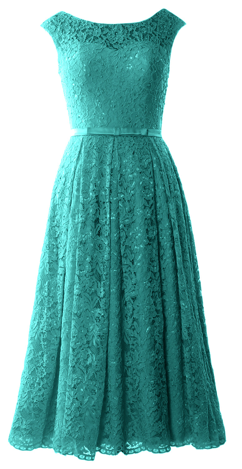 MACloth Women Tea Length Mother Bride Gown Dresses Cap Sleeve Lace Midi Corset