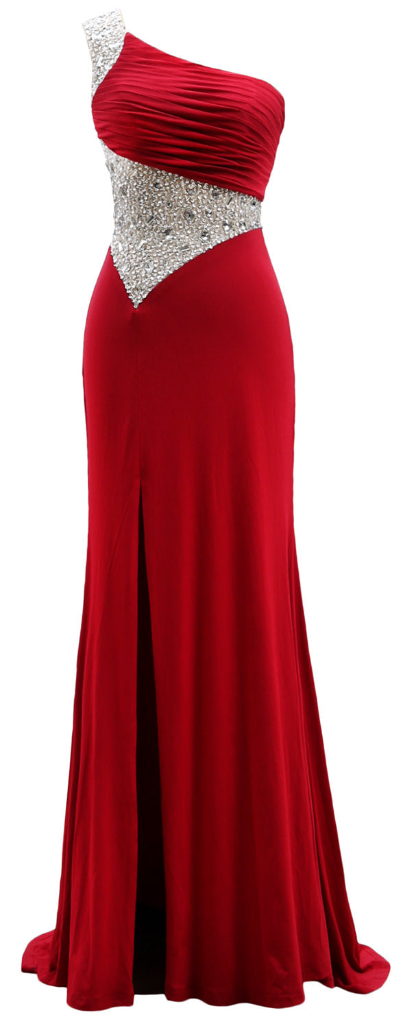 MACloth One Shoulder Prom Dresses with Split Mermaid Jersey Evening Formal Gown