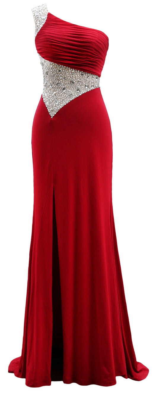 MACloth One Shoulder Prom Dresses with Split Mermaid Jersey Evening Formal Gown