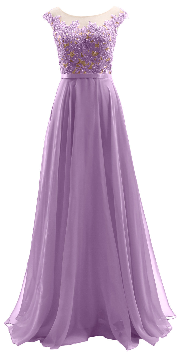 MACloth Cap Sleeves Illusion Long Prom Dress Lace Chiffon Wedding Party Dress