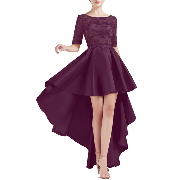 MACloth Women Scoop Neckline Half Sleeve High Low Lace Satin Prom Party Homecoming Dresses