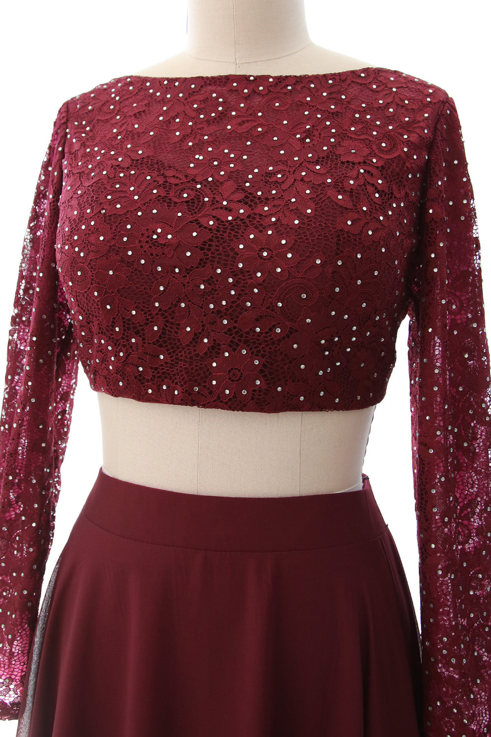 MACloth Damen Abendkleid aus Spitze und Chiffon, 2-teilig, lange Ärmel, Ballkleid