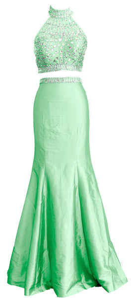 MACloth Women Mermaid Two Piece High Neck Taffeta Long Prom Dress Formal Gown