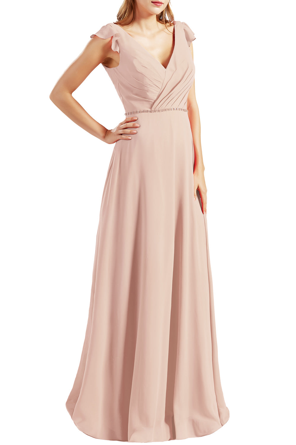 MACloth Women Cap Sleeves V Neck Chiffon Long Bridesmaid Dresses Evening Gown