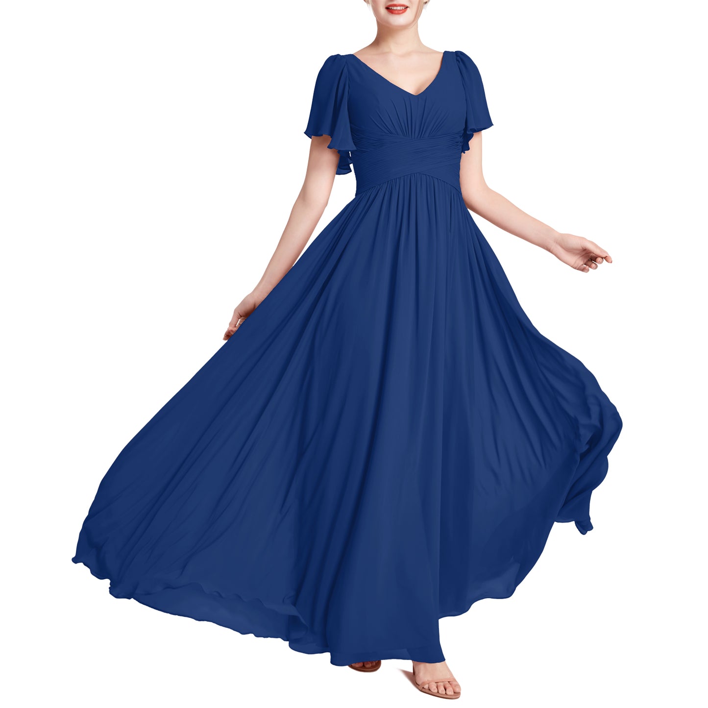 MACloth Vestidos de dama de honor románticos para fiesta de boda con cuello en V y manga corta para mujer