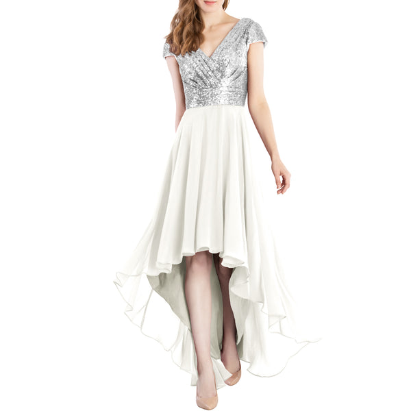 MACloth Mother of Bride Dresses Cap Sleeves High Low Sequin Wedding Formal Gown