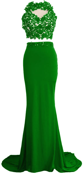 MACloth Women Mermaid 2 Piece Long Prom Dress Lace Jersey Evening Formal Gown