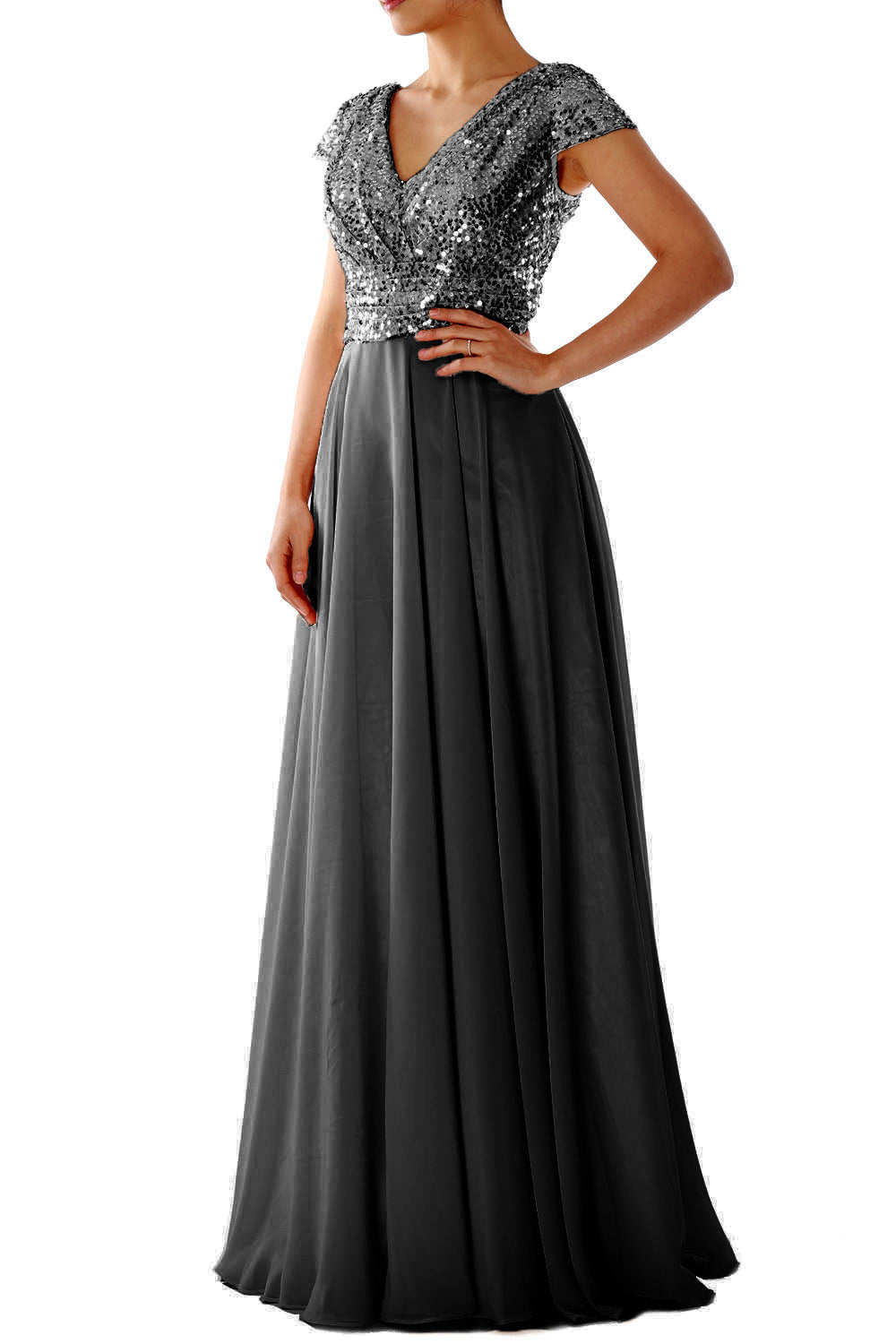 Cap Sleeves V Neck Sequin Chiffon Rose Gold Bridesmaid Dress