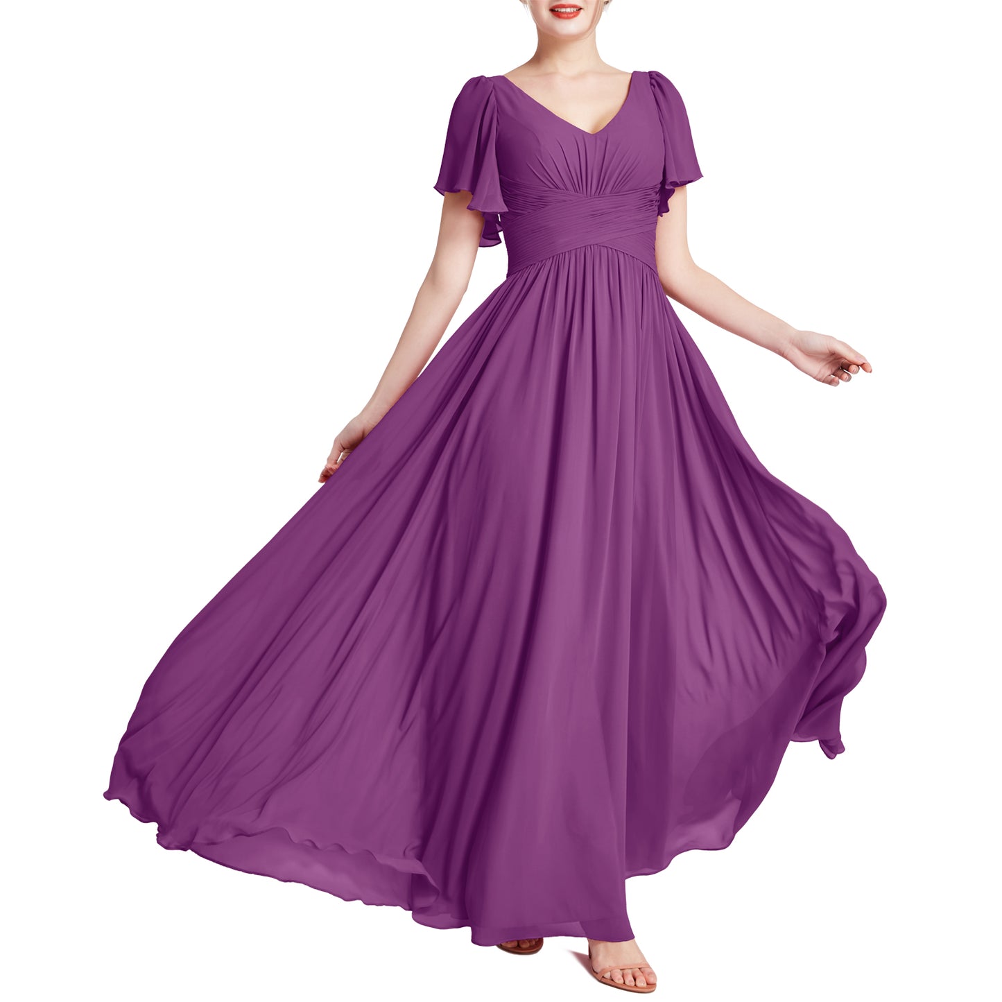 MACloth Vestidos de dama de honor románticos para fiesta de boda con cuello en V y manga corta para mujer