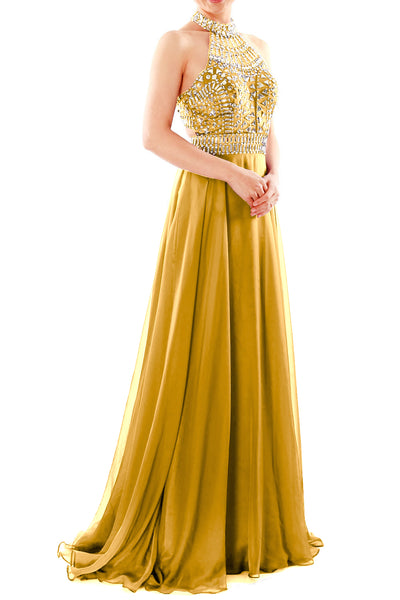 MACloth Women Halter High Neck Sleeveless Long Prom Party Dress Evening Gown