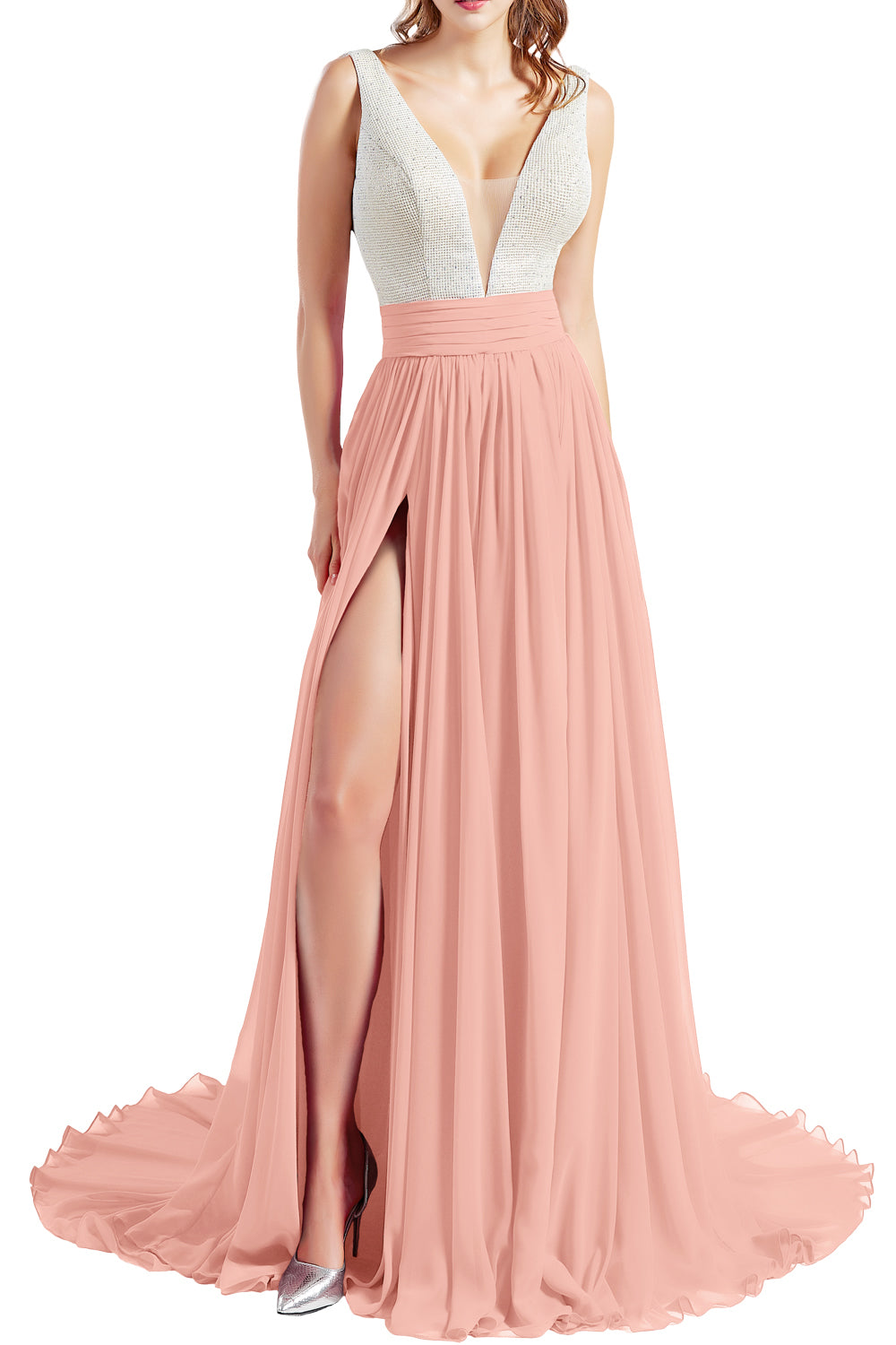 MACloth Women V Neck Long Prom Dresses Sleeveless Formal Evening Gown with Slit