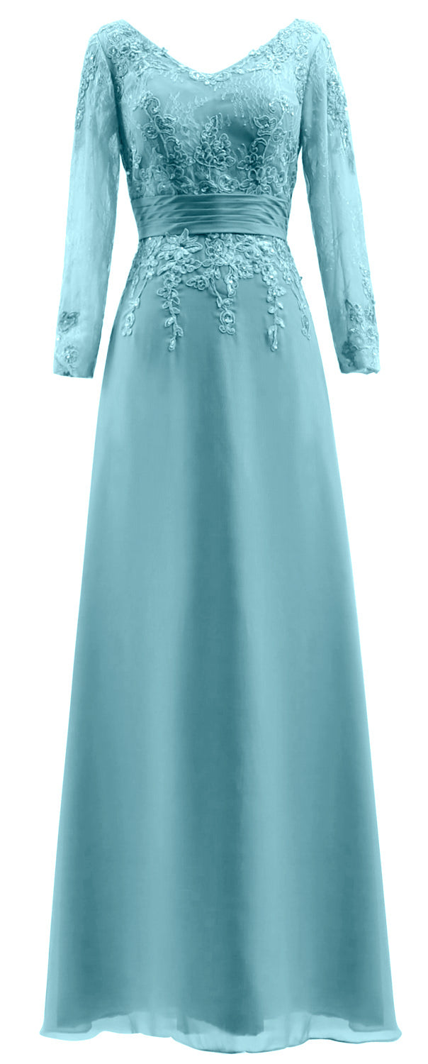 MACloth Vestidos de madre de la novia Mangas largas Cuello en V Encaje Vestido de noche formal