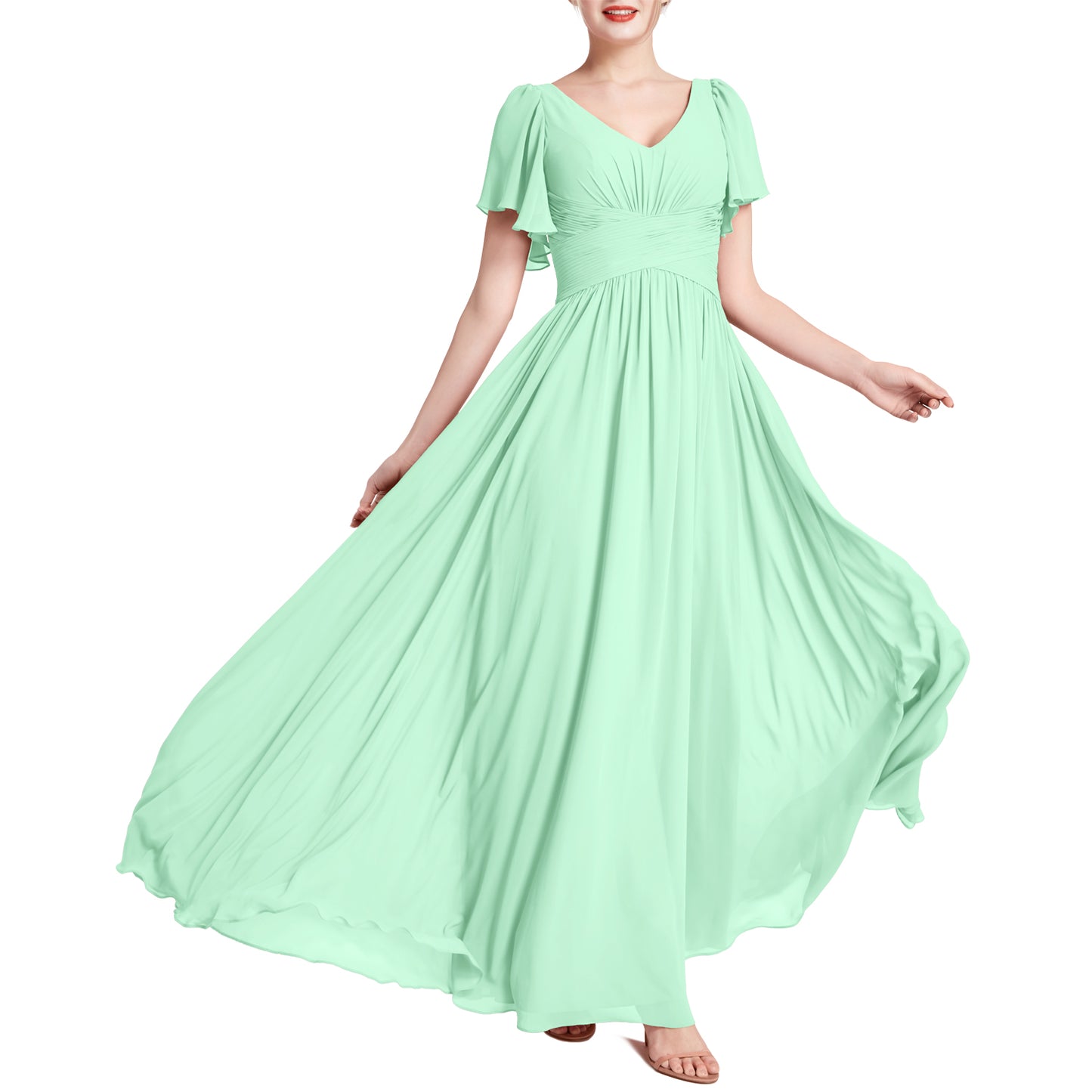 MACloth Vestidos de dama de honor románticos para fiesta de boda con cuello en V y manga corta para mujer