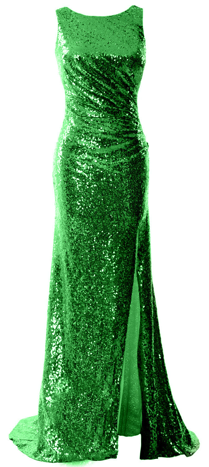 MACloth Women Sequin Long Bridesmaid Dresses Cowl Back Prom Evening Gown Split