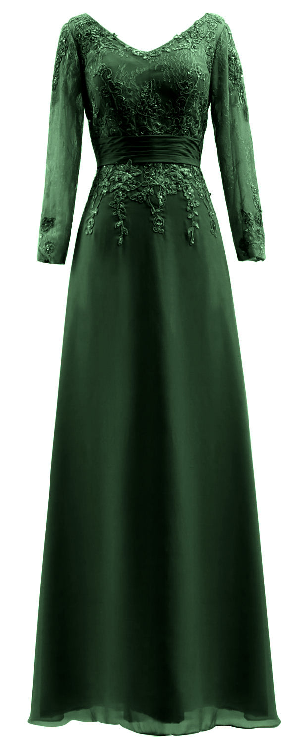 MACloth Vestidos de madre de la novia Mangas largas Cuello en V Encaje Vestido de noche formal