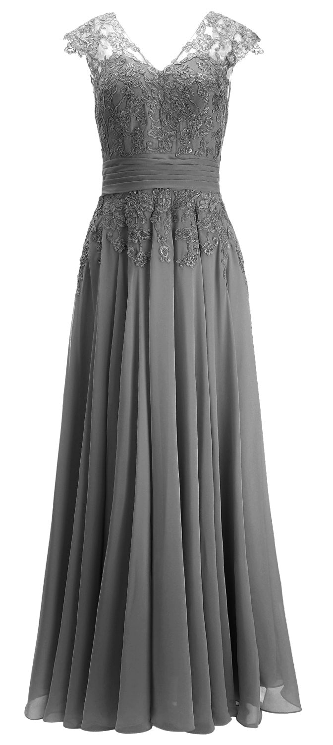 MACloth Damen Maxikleid für die Brautmutter, Flügelärmel, V-Ausschnitt, Spitze, Abendkleid